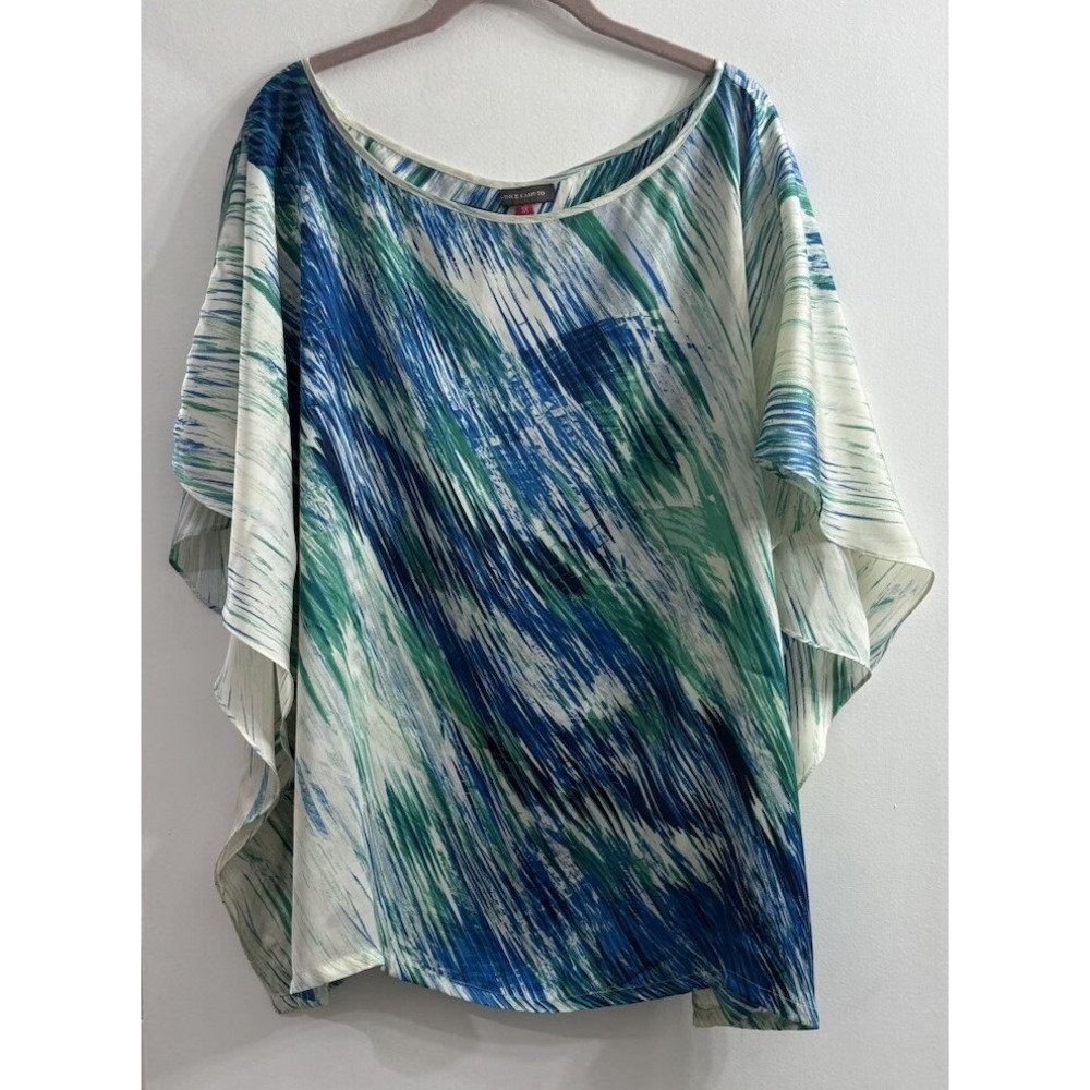 Vince Camuto Womens 3X Satin Kaftan Top Blue Green Watercolor Plus Size Boho
